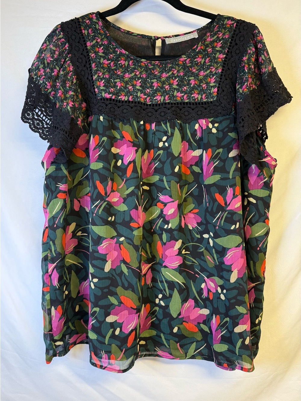 Daniel Rainn Black Floral Crochet-Yoke Blouse with Pink & Green Print